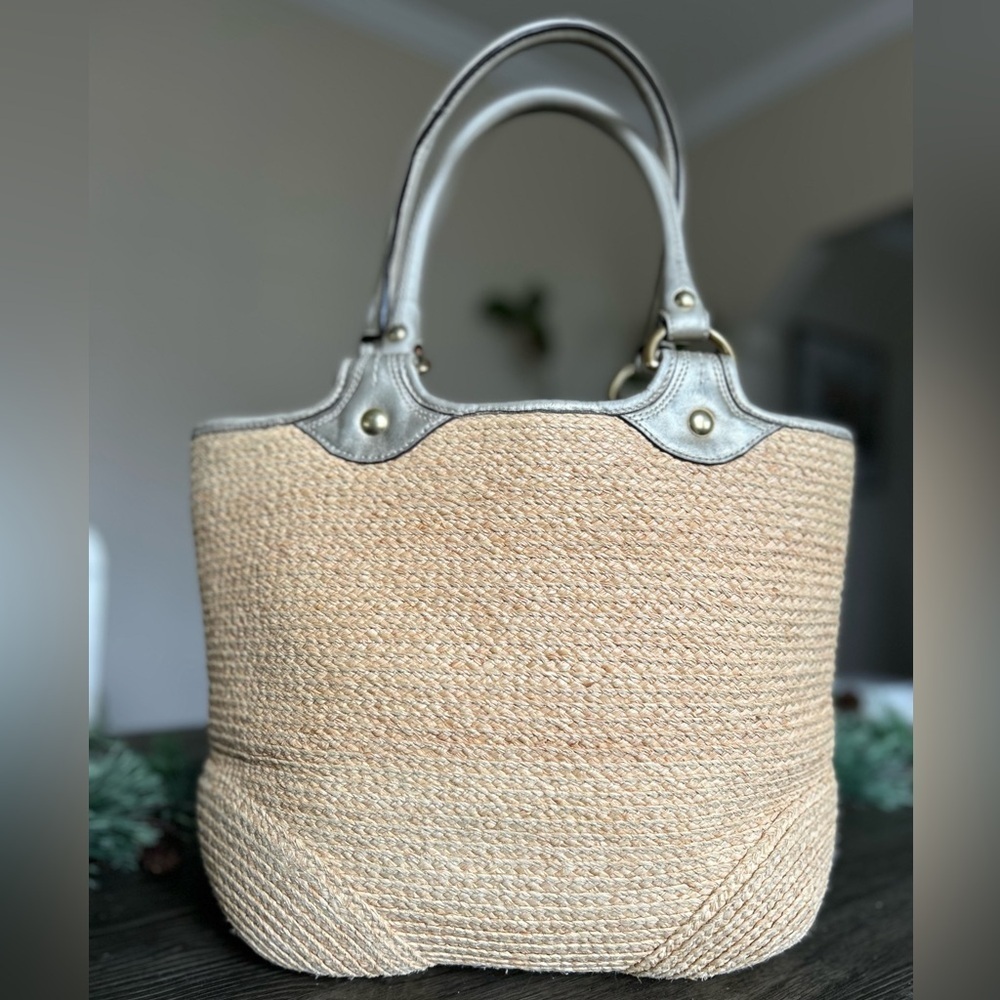 Coach Bleeker Natural Straw Metallic Bronze Floral Embroidered Logo Tote! - Picture 7 of 10